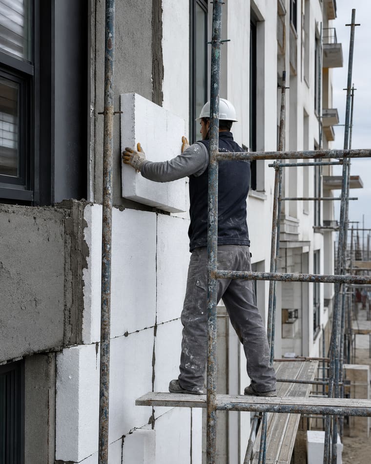 İskele kurulmuş bir apartmanda dış cephe mantolama uygulaması